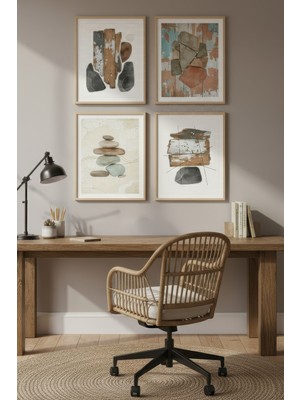 Tontilika Doğal Taş ve Ahşap Dokular 4’lü Dekoratif Ahşap Çerçeveli Tablo Seti – Modern Minimal Tema