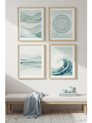 Tontilika Pastel Dalga ve Deniz Soyutları 4’lü Dekoratif Ahşap Çerçeveli Tablo Seti – Minimal Tema