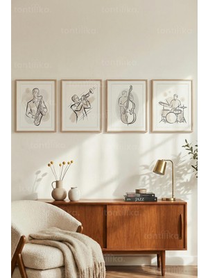 Tontilika Minimalist Caz Sanatı: Müzisyenler ve Enstrümanlar 4’lü Ahşap Çerçeveli Tablo Seti