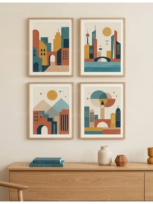 Tontilika Modern Soyut Şehir Manzaraları 4’lü Ahşap Çerçeveli Tablo Seti