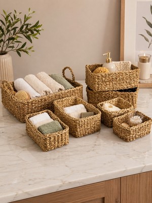 Evistro Dekoratif Naturel Dikdörtgen Düzenleyici Hasır Sepet 7 Adet