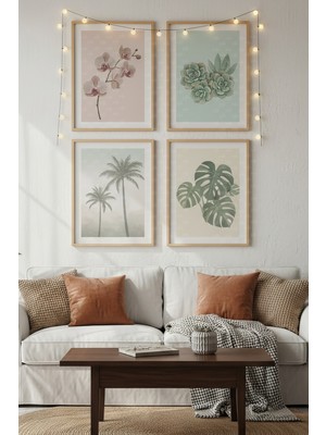 Tontilika Tropikal Bitkiler 4’lü Ahşap Çerçeveli Tablo Seti - Modern Salon Dekoru