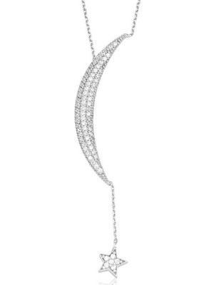 Elwes 925 Ayar Gümüş Zincirli Ay Yıldız Kadın Gümüş Kolye