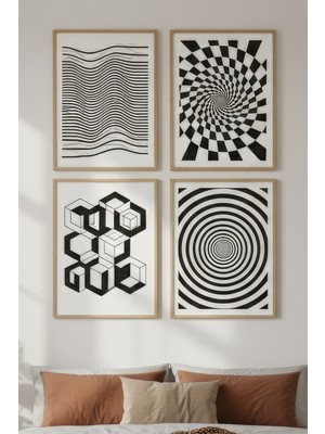 Tontilika Optik Illüzyon Desenleri Dekoratif 4’lü Ahşap Çerçeveli Tablo Seti - Yatak Odası Dekor