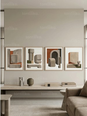Tontilika Modern Soyut Formlar 4’lü Ahşap Çerçeveli Tablo Seti