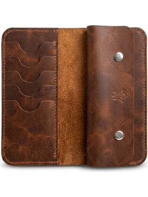 Oh Deer Leather Hakiki Deri Uzun Cüzdan Kahverengi – El Yapımı Frisco Deri, Kart Bölmeli, Çıtçıtlı Para Gözlü, Özgün Renk Detaylı Unisex Tasarım (9,5 x 18 cm)