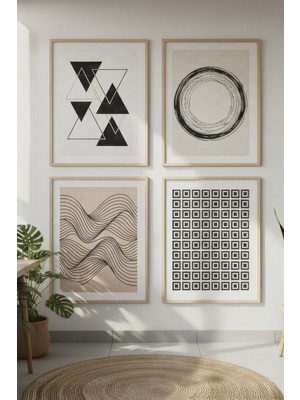 Tontilika Geometrik Formlar Dekoratif 4’lü Ahşap Çerçeveli Tablo Seti - Salon Dekor