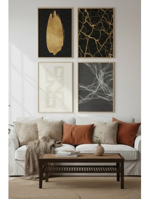 Tontilika Siyah ve Altın Soyut Desenler Dekoratif 4’lü Ahşap Çerçeveli Tablo Seti - Salon Dekor