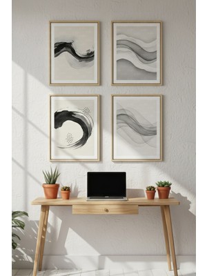 Tontilika Siyah Beyaz Dalga Formları Dekoratif 4’lü Ahşap Çerçeveli Tablo Seti - Ofis Dekoru