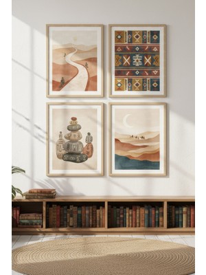 Tontilika Etnik Çöl Desenleri Dekoratif 4’lü Ahşap Çerçeveli Tablo Seti - Salon Dekoru