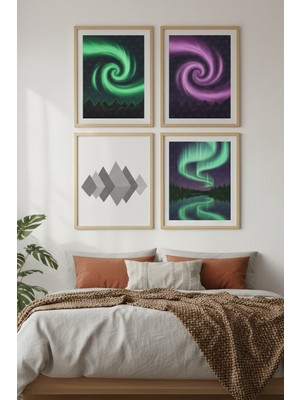 Tontilika Kuzey Işıkları Dekoratif 4’lü Ahşap Çerçeveli Tablo Seti - Yatak Odası Dekor