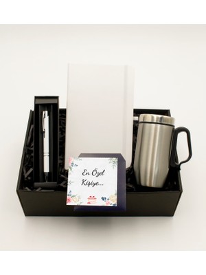 As Gift Beyaz Defter & Krom Bardak Termos & Beyaz Roller Kalem Hediye Seti