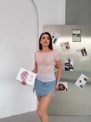 Elaxi Kadın Kayık Yaka Kısa Kollu Dantel Bluz