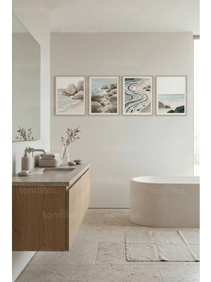 Tontilika Doğal Kıyı Koleksiyonu Deniz ve Sahil Temalı 4’lü Ahşap Çerçeveli Tablo Seti