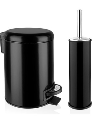 PremiumPort Paslanmaz Çift Pedallı Çöp Kovası ve Klozet Fırçası Seti Siyah 3 Lt