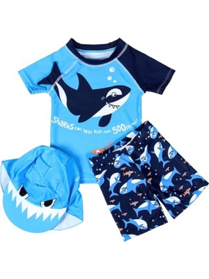 Petityu UP50+ Güneş Korumalı Tek Kol Lacivert Shark Kısa Kol Erkek Çocuk Mayo T-Shirt Şapka Set