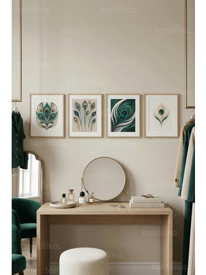 Tontilika Zarif Tavus Kuşu Tüyü 4’lü Ahşap Çerçeveli Tablo Seti