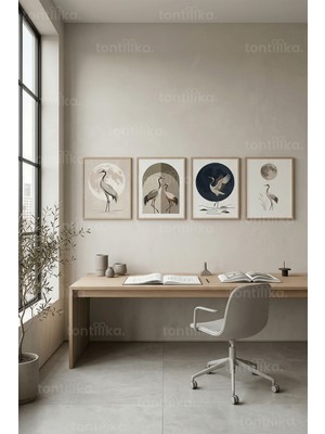 Tontilika Minimalist Kuş ve Ay Sanatı 4’lü Ahşap Çerçeveli Tablo Seti