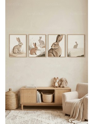 Tontilika Pastel Tavşan Desenli 4’lü Ahşap Çerçeveli Tablo Seti