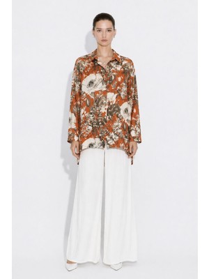 Mizalle Keten Görünümlü Gri Taba Çiçek Desenli Tunik