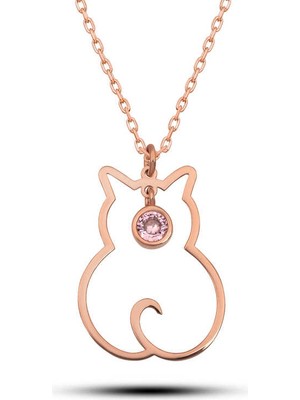 Elwes Gümüş Ekim Ayı Doğum Taşı Kedi Kadın Kolye