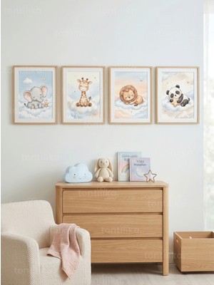 Tontilika Bulutlarda Uyuyan Sevimli Hayvanlar 4’lü Ahşap Çerçeveli Tablo Seti