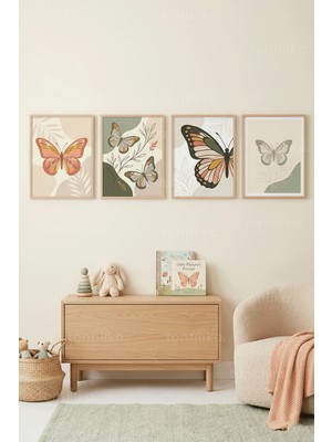 Tontilika Doğal Kelebekler ve Botanik Desenler 4’lü Ahşap Çerçeveli Tablo Seti