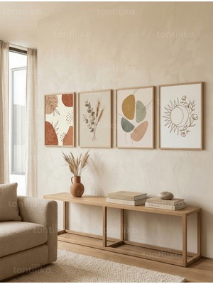 Tontilika Toprak Tonlarında Doğa ve Soyut Formlar 4’lü Ahşap Çerçeveli Tablo Seti