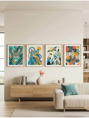 Tontilika Renkli Modern Geometrik Kedi Desenli 4’lü Ahşap Çerçeveli Tablo Seti