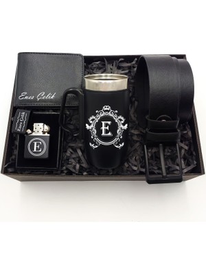 As Gift Kişiye Özel Kulplu Çelik Kupa Termos & Cüzdan & Siyah Zippo Tarzı Çakmak & Kemer Hediye Seti