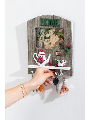 Elifeshop Ahşap Home Sweet Home Anahtar Askısı Fotoğraf Çerçeveli Duvar Organizer 4 Kancalı 27 cm Model 1
