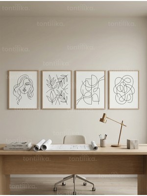 Tontilika Modern Minimalist Çizgisel Sanat 4’lü Ahşap Çerçeveli Tablo Seti