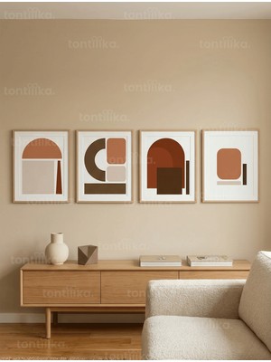 Tontilika Minimalist Geometrik Soyut Toprak Tonları 4’lü Ahşap Çerçeveli Tablo Seti