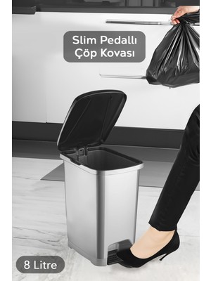 PremiumPort 8 Litre Slim Pedallı Gri Çöp Kovası, Siyah Kapaklı, Mutfak ve Banyo Için