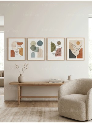 Tontilika Modern Soyut Toprak Tonları Doğa ve Insan Figürleri 4’lü Ahşap Çerçeveli Tablo Seti