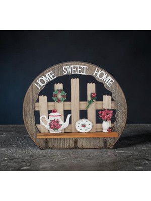 Elifeshop Lüks Ahşap Home Sweet Home Anahtar Askısı 29 cm Dekoratif Duvar Anahtarlık Organizer Çaydanlık