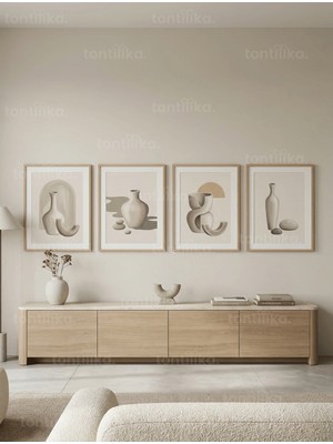 Tontilika Soyut Vazo ve Organik Formlar 4’lü Ahşap Çerçeveli Tablo Seti