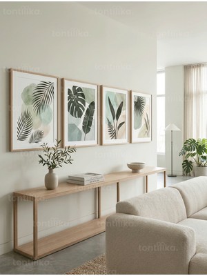 Tontilika Minimalist Botanik Yaprak Temalı 4’lü Ahşap Çerçeveli Tablo Seti