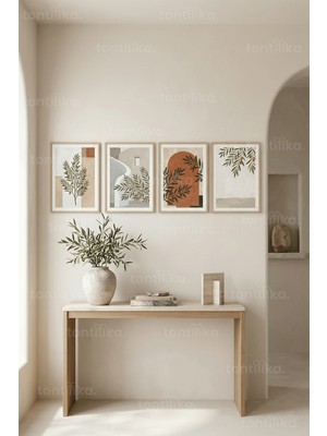 Tontilika Akdeniz Temalı Zeytin Dalı ve Geometrik Formlar 4’lü Ahşap Çerçeveli Tablo Seti