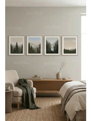 Tontilika Huzurlu Minimalist Orman ve Dağ Manzaraları 4’lü Ahşap Çerçeveli Tablo Seti