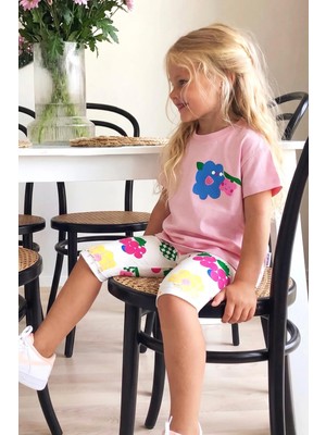 Monila Kız Çocuk Pamuklu Pembe Baskılı T-Shirt ve Tayt Alt Üst Takım