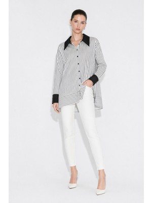 Mizalle Parça Etek Detaylı Çizgili Siyah Yazlık Tunik