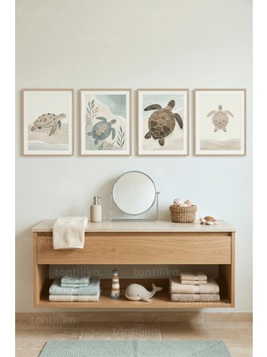 Tontilika Deniz Kaplumbağaları ve Sahil Manzaraları 4’lü Ahşap Çerçeveli Tablo Seti