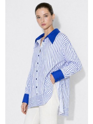 Mizalle Parça Etek Detaylı Çizgili Saks Mavi Yazlık Tunik