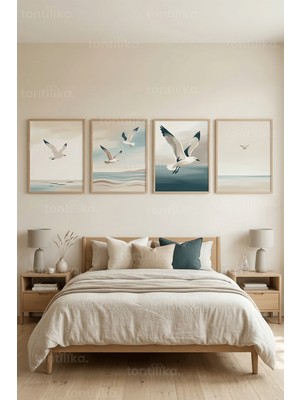 Tontilika Martılı Deniz Manzarası 4’lü Ahşap Çerçeveli Tablo Seti