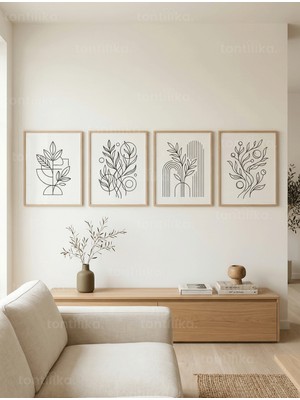 Tontilika Minimalist Bitki Çizimleri 4’lü Ahşap Çerçeveli Tablo Seti