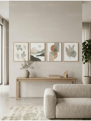 Tontilika Modern Botanik ve Soyut Doğa Temalı 4’lü Ahşap Çerçeveli Tablo Seti