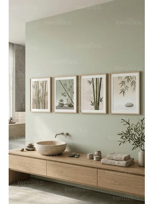 Tontilika Zen Temalı Bambu ve Taşlar 4’lü Ahşap Çerçeveli Tablo Seti