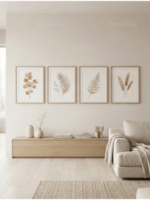 Tontilika Doğal Botanik Yaprak Desenli 4’lü Ahşap Çerçeveli Tablo Seti
