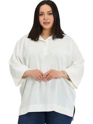 Disentis Modest Büyük Beden Gömlek Yaka Düşük Truvakar Kollu Rahat Kesim Beyaz Bluz